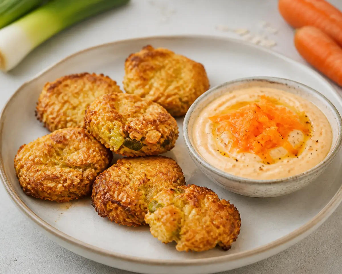Mordiscos dorados de avena salada, gouda y puerro con dip de zanahoria asada y yogur al comino