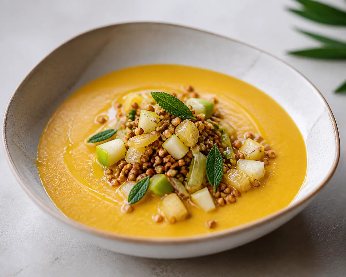 Creamy Pumpkin, Leek and Green Apple Soup with Crispy Buckwheat and Sage
