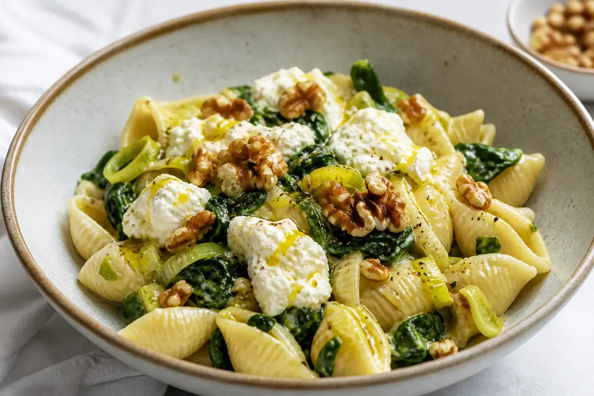 Conchiglie cremosas de puerro confitado, espinaca salteada y ricotta al limón con nuez tostada