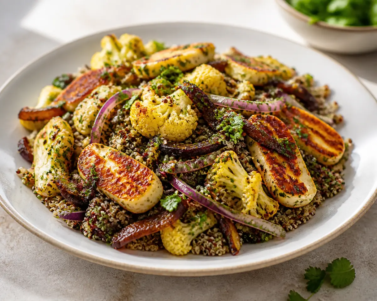 Warm tricolor quinoa salad with lemon cauliflower, sautéed dates, and golden halloumi with parsley cumin vinaigrette