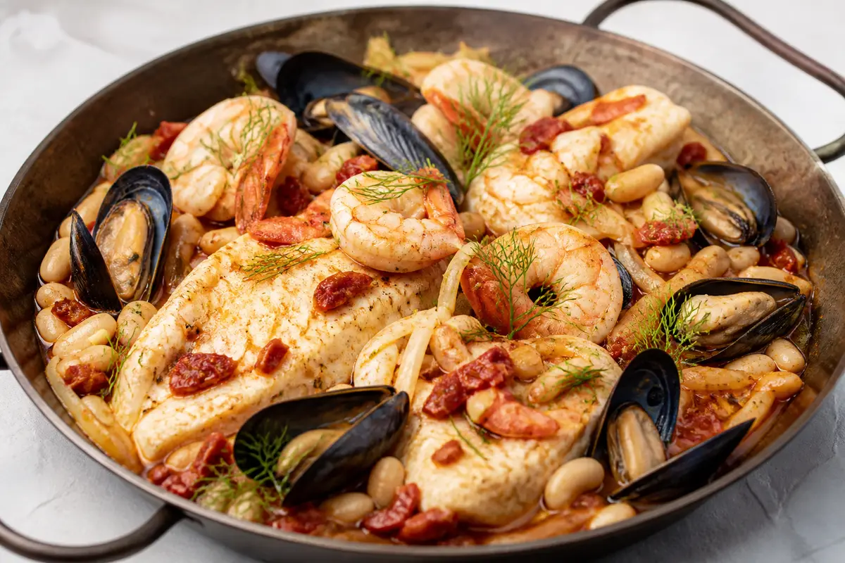 Seafood Skillet with Sun-Dried Tomato Butter, Fennel and White Beans