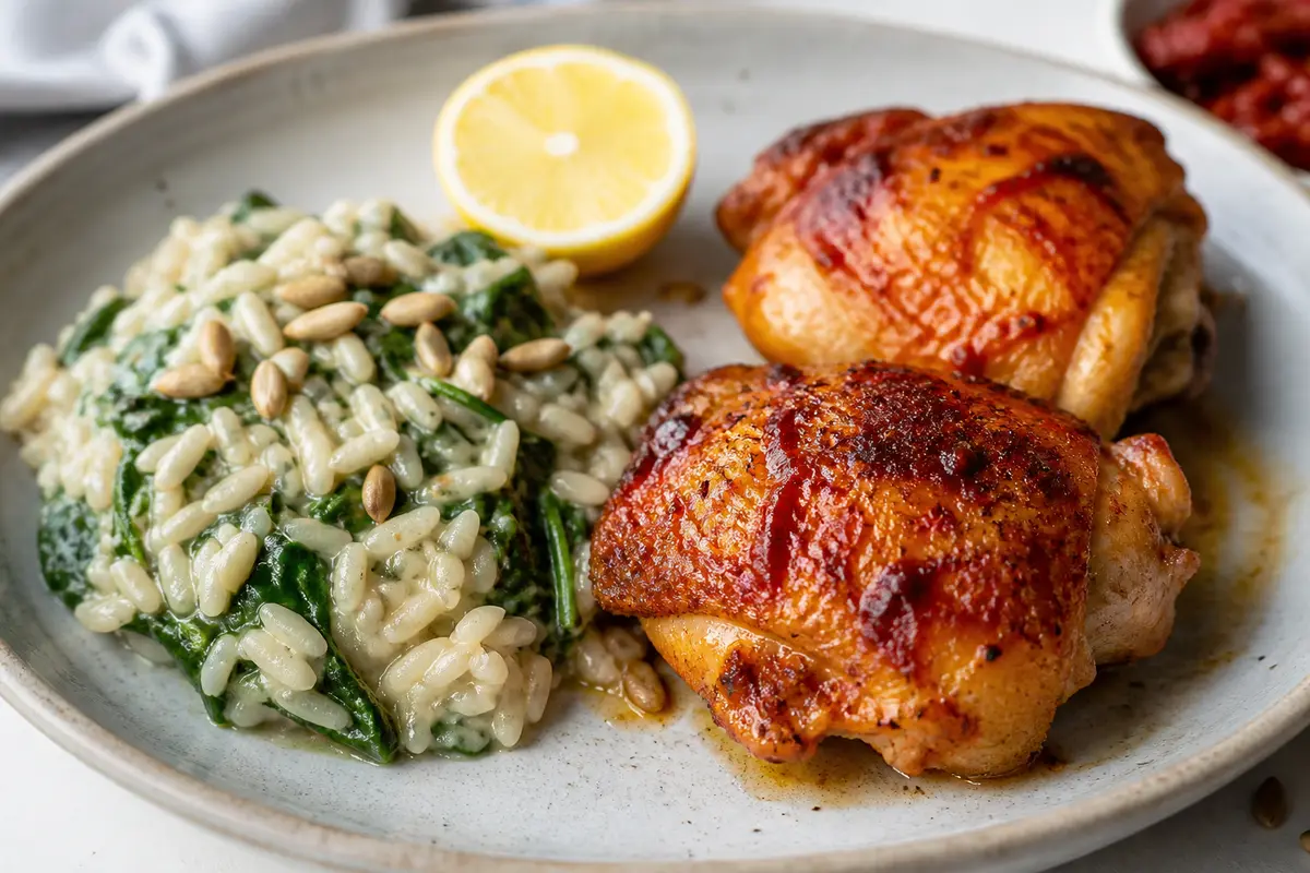Pollo al horno con adobo de pimiento choricero y limón, arroz meloso de espinacas y semillas de girasol