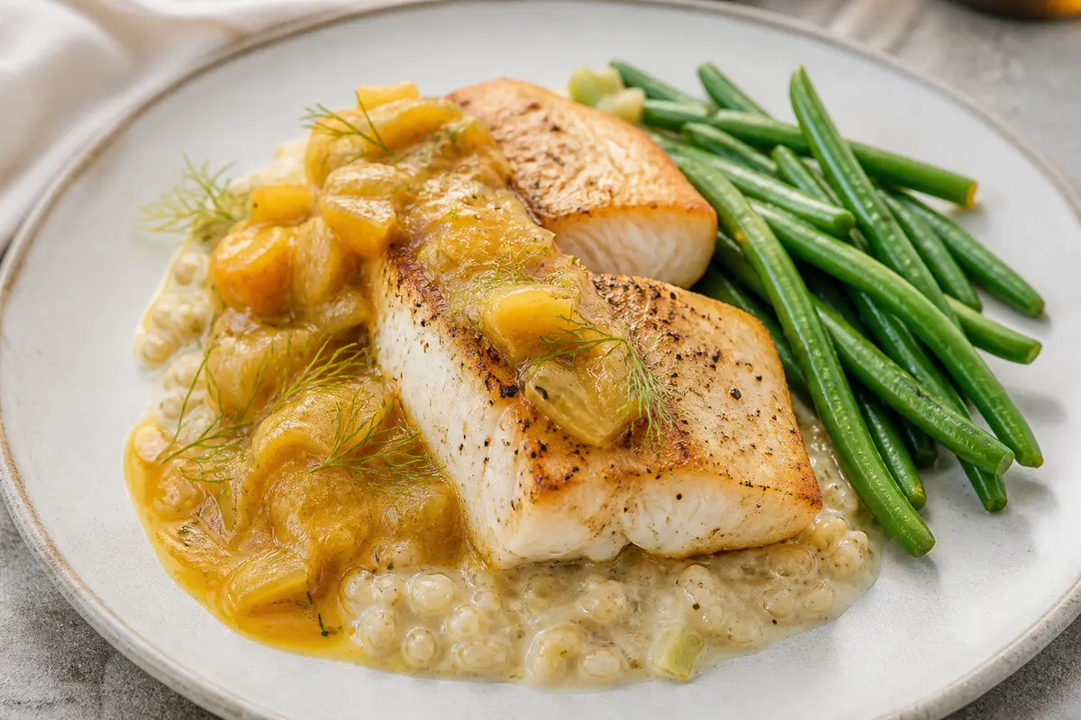Golden Seared Fish with Warm Yellow Tomato and Fennel Sauce, Creamy Lemon Farro, and Sautéed Green Beans