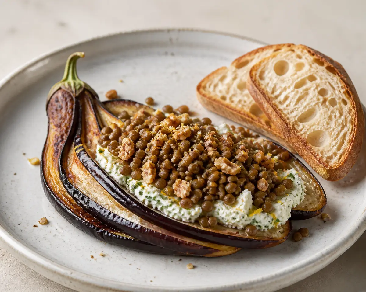 Berenjenas en abanico con ricotta de albahaca, lentejas al limón y crocante de nuez