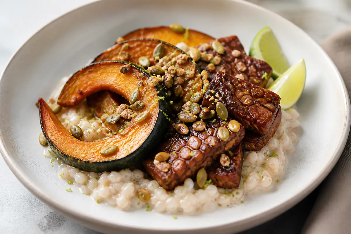 Calabaza kabocha asada con farro cremoso de coco y lima, tempeh glaseado y crumble de pipas