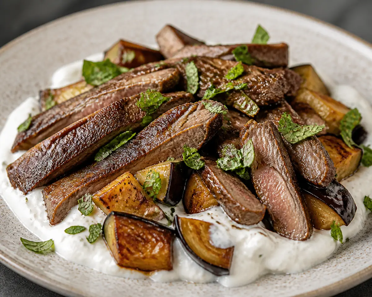 Keto Beef Skillet with Goat Cheese Cream, Golden Eggplant and Toasted Mint