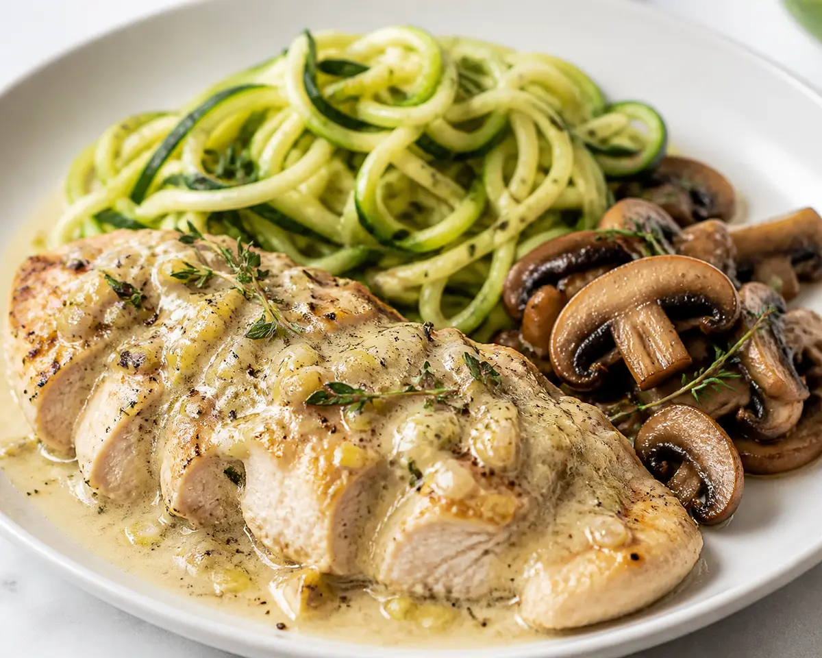 Pollo cremoso de puerro y mostaza con fideos de calabacín y champiñones al tomillo