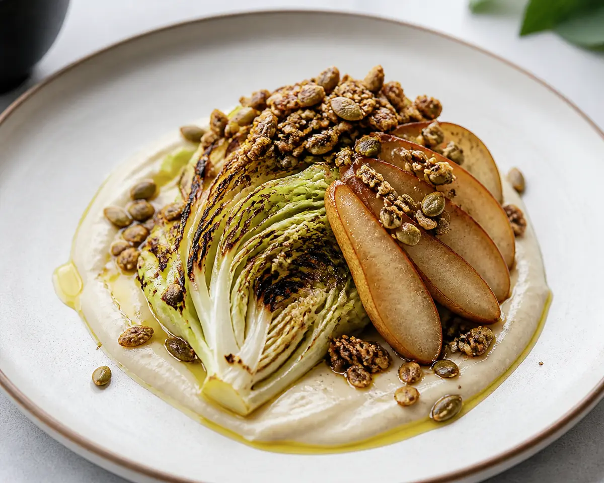Coles asadas con crema de alubias cannellini al limón, peras especiadas y granola salada de pepitas