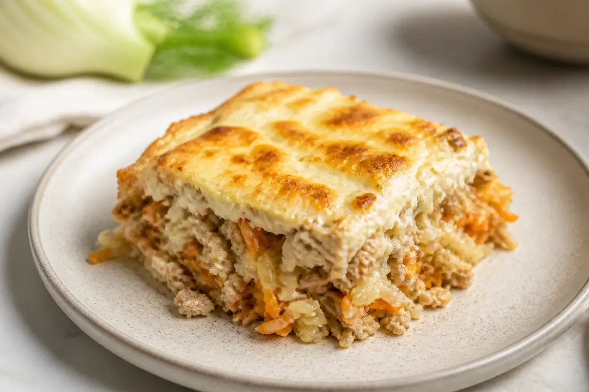 Family Baked Rice with Turkey, Fennel, Carrot and Golden Oat Ricotta Topping