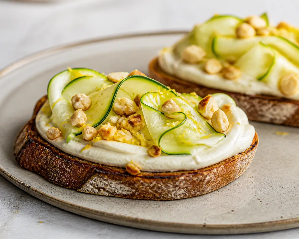 Tostadas exprés de crema de alubia blanca con calabacín crudo, limón y avellana tostada