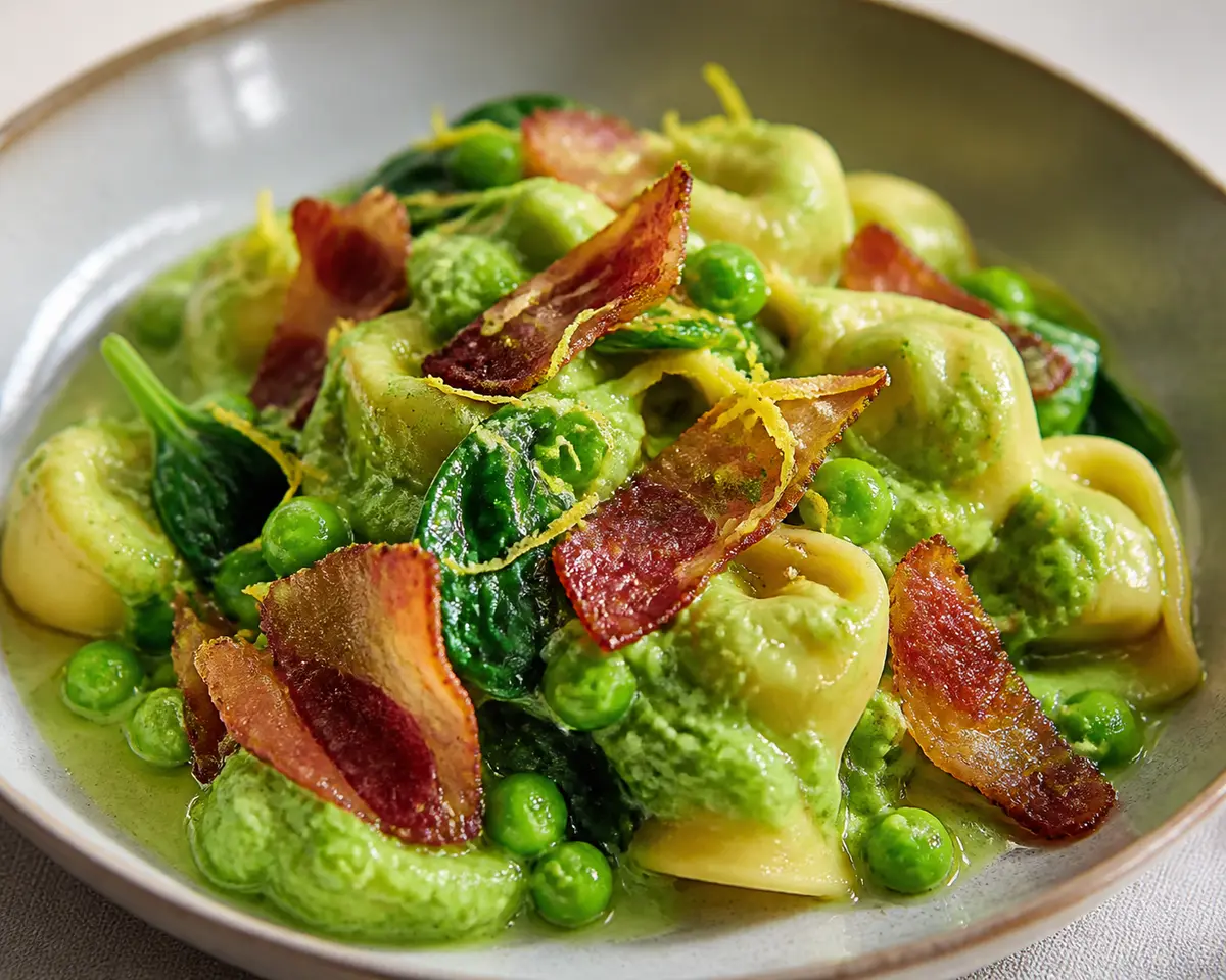 Express tortellini with pea cream, crispy pancetta, and lemon zest