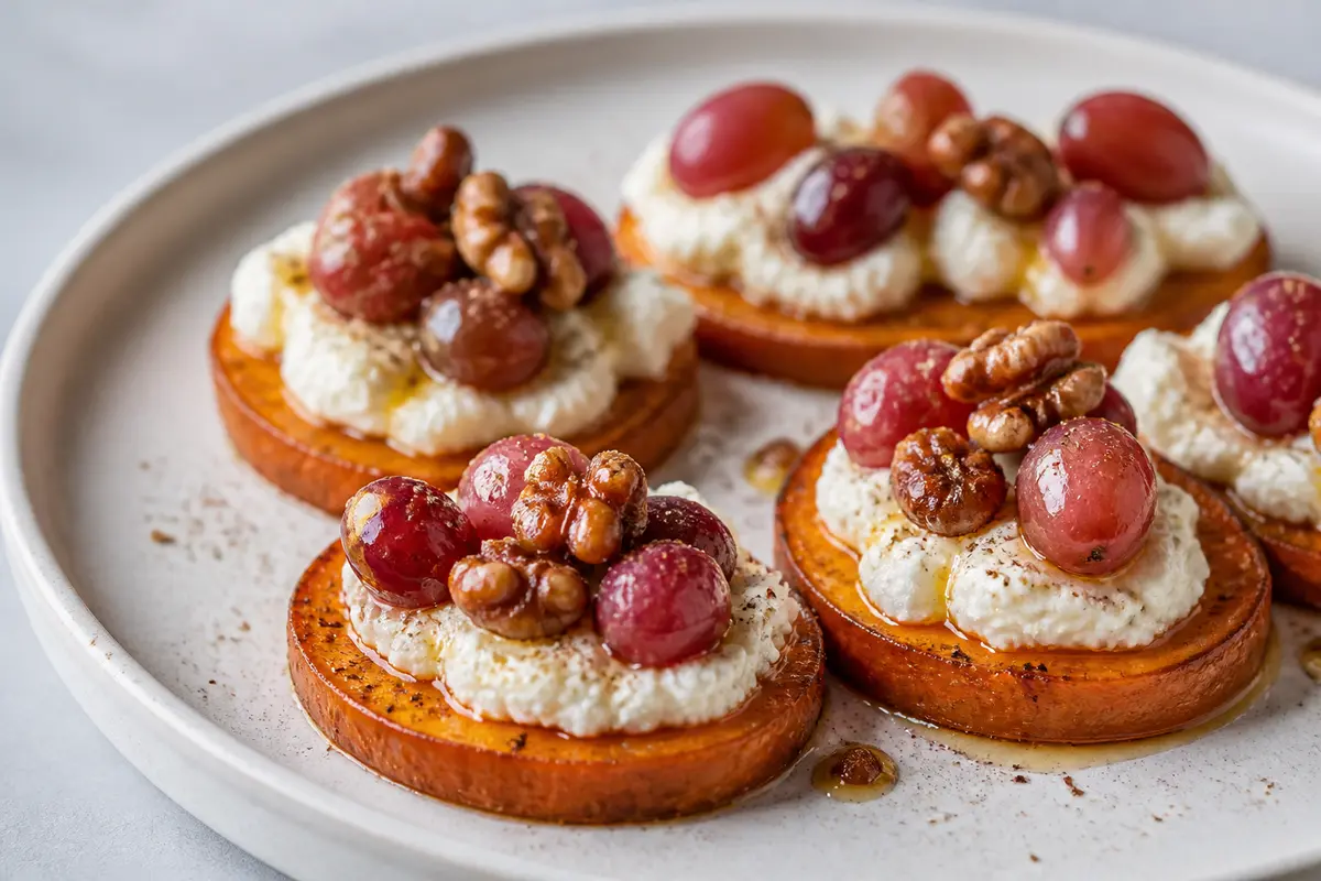 Air Fryer Sweet Potato Rounds with Lemon Ricotta, Roasted Grapes, and Spiced Walnuts