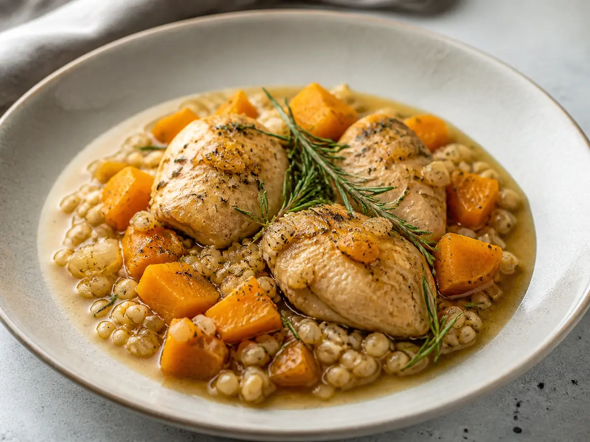 Instant Pot Rosemary Chicken with Pearl Barley, Butternut Squash and Light Cider Sauce