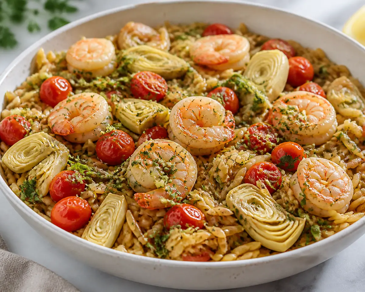 Sartén Mediterránea de Orzo Tostado con Gambas, Alcachofas, Tomate Cherry y Gremolata de Aceituna Verde