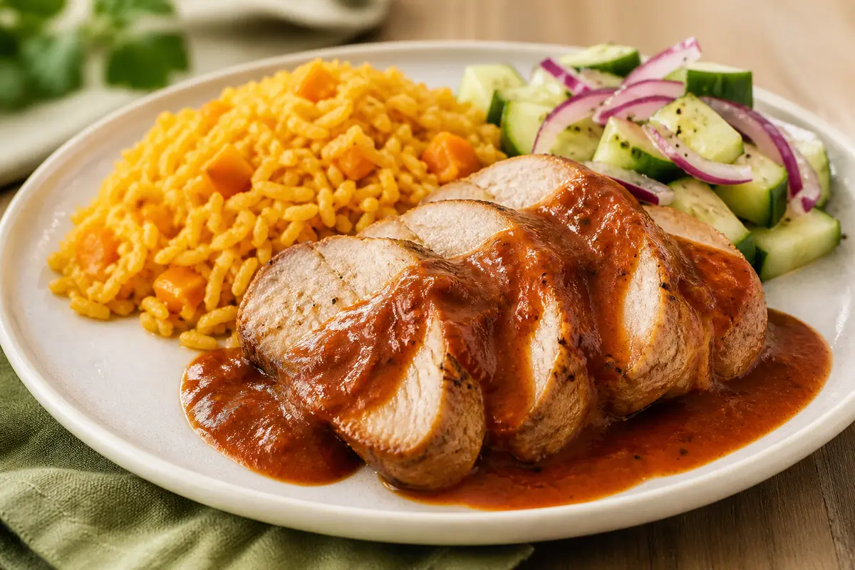 Lomo de cerdo en salsa de guayaba y ají ancho con arroz cremoso de coco y calabaza, y ensalada de pepino con cebolla morada