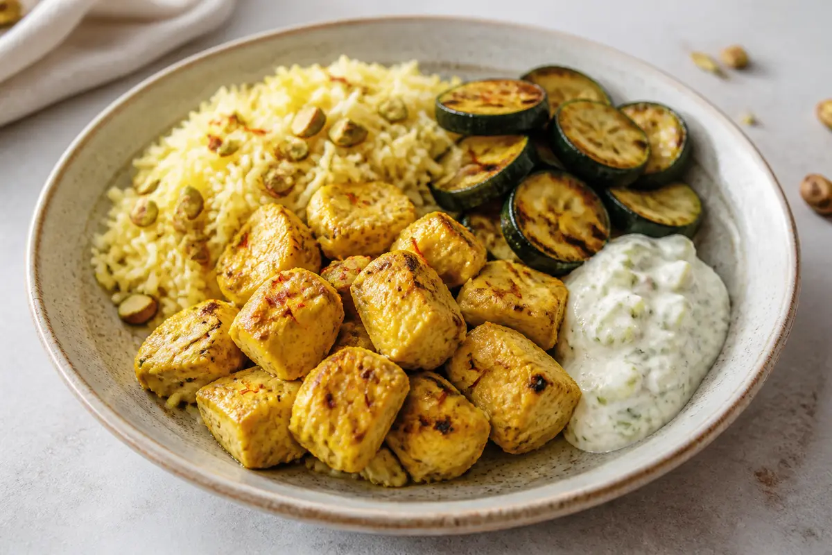 Bowl tibio de pollo al yogur y azafrán con arroz de pistacho, calabacín dorado y salsa fresca de pepino