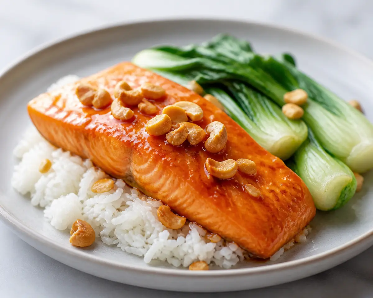 Apricot-Ginger Glazed Salmon with Coconut Rice, Bok Choy and Toasted Cashews