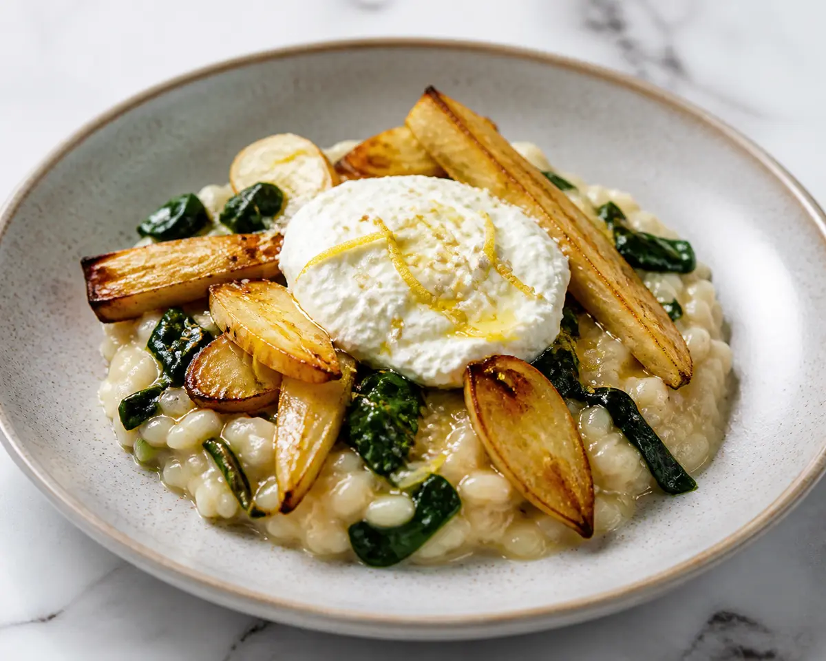 Creamy rice with roasted parsnip, sautéed spinach, and whipped feta with lemon and sesame