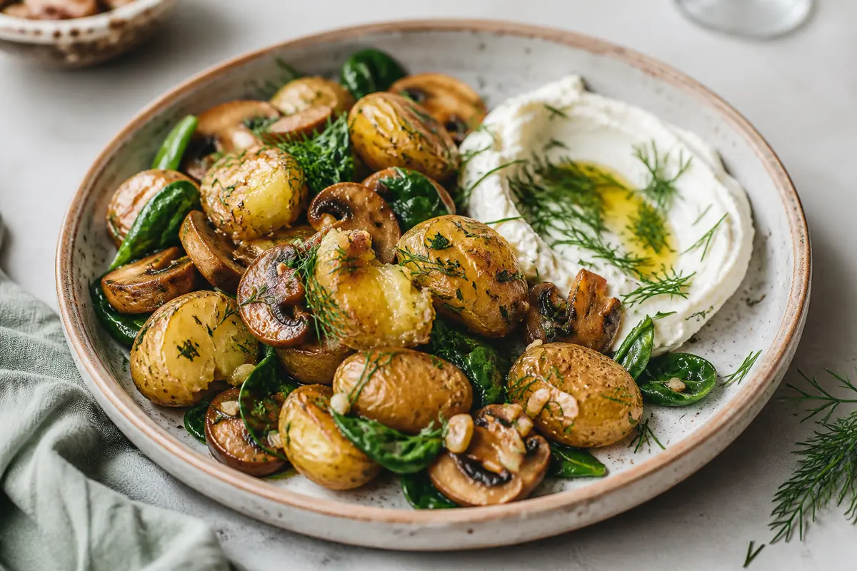 Ensalada tibia de patata chafada, setas al ajo, espinaca baby y feta batida con eneldo
