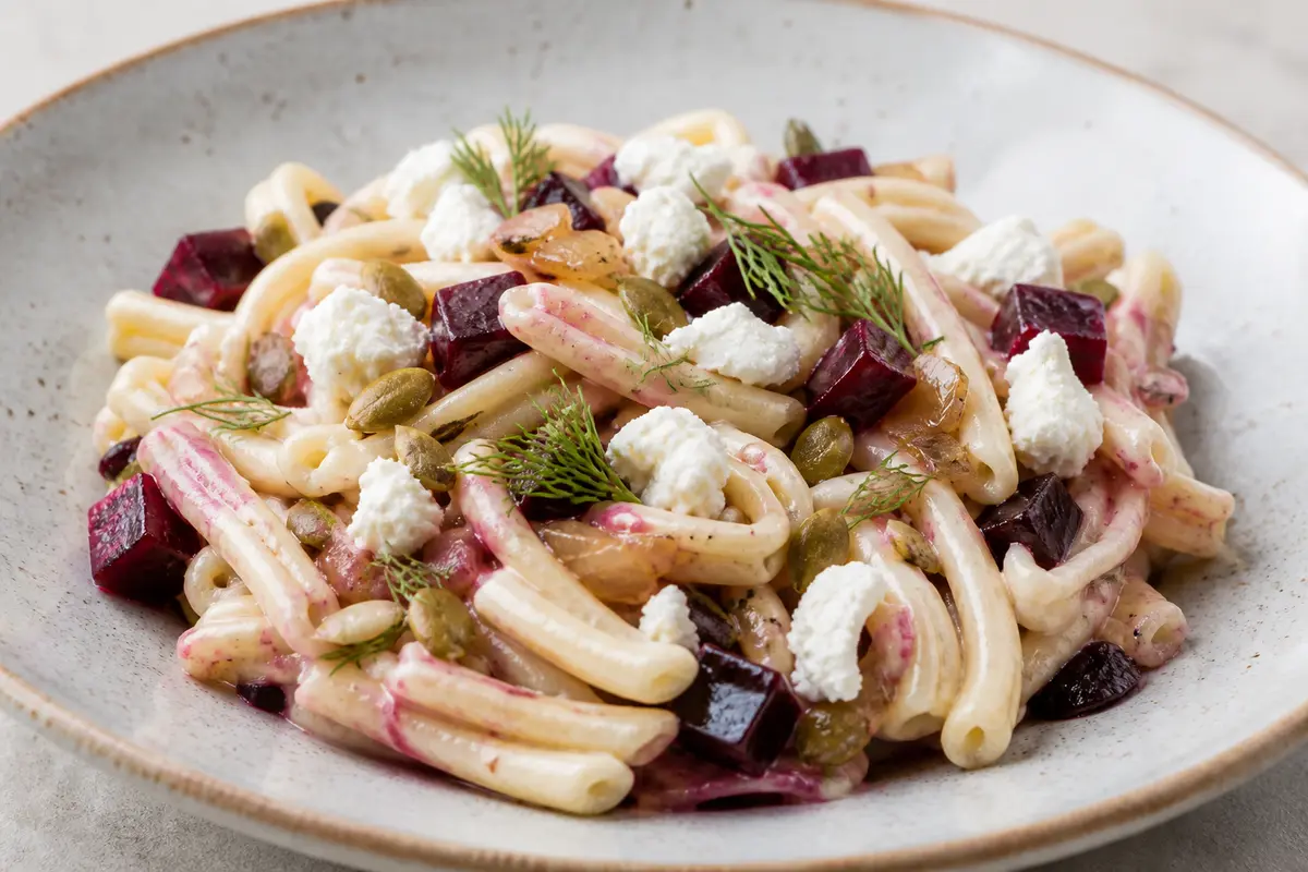 Creamy casarecce with roasted beet, caramelized onion and goat cheese with pumpkin seeds and dill