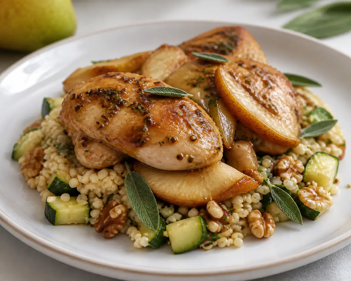 Pollo al horno con glaseado de pera, mostaza y salvia sobre cuscús de calabacín y nuez