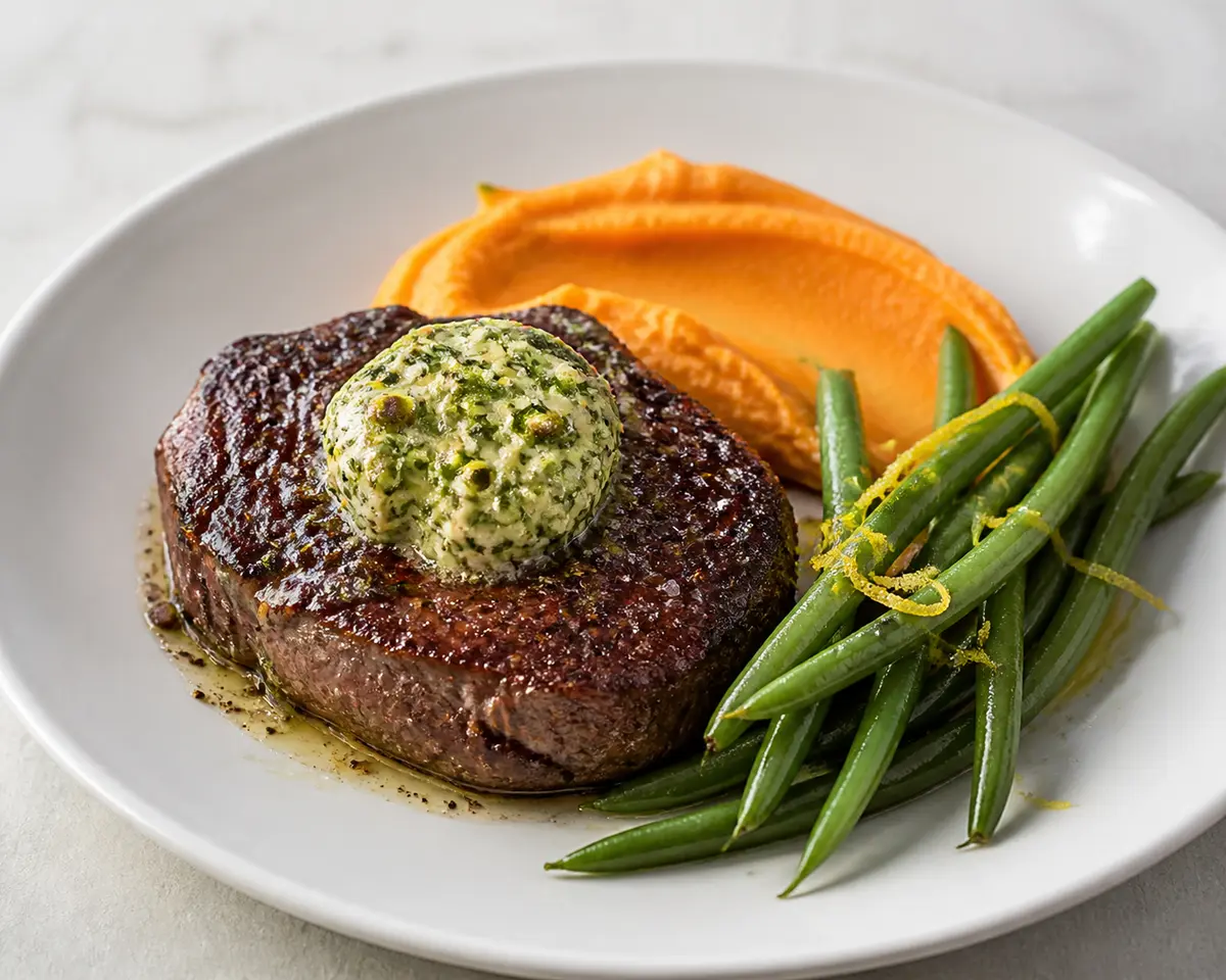 Beef Steak with Herb-Pistachio Butter, Roasted Carrot Purée and Lemon Green Beans