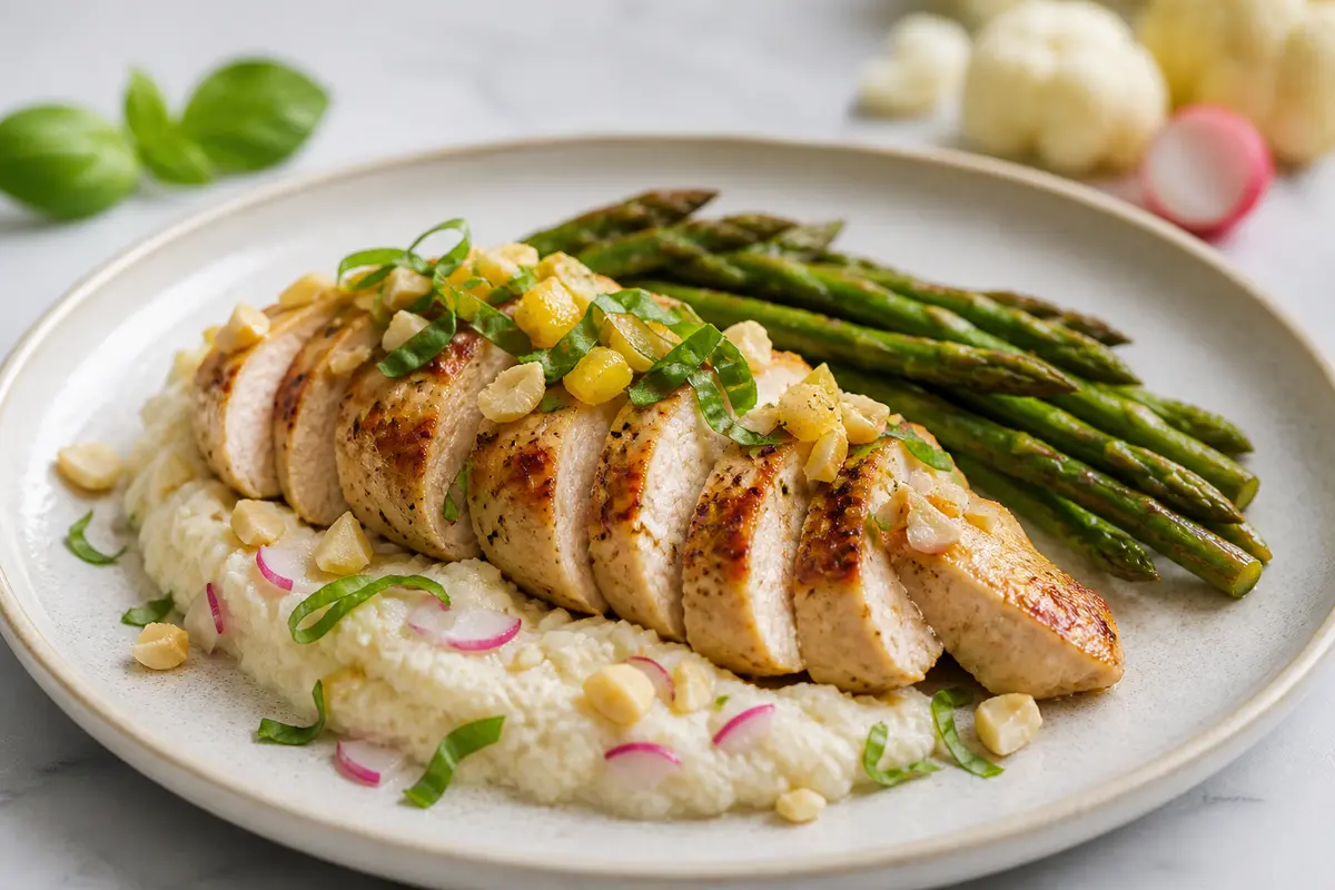 Pechuga de pollo al limón confitado y albahaca con puré de coliflor y rábano, espárragos salteados y nuez de macadamia