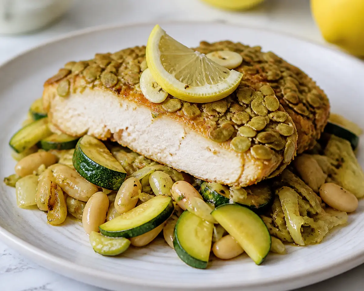 Lemon Turkey with Pumpkin Seed Crust over Cabbage, Zucchini and White Bean Sauté