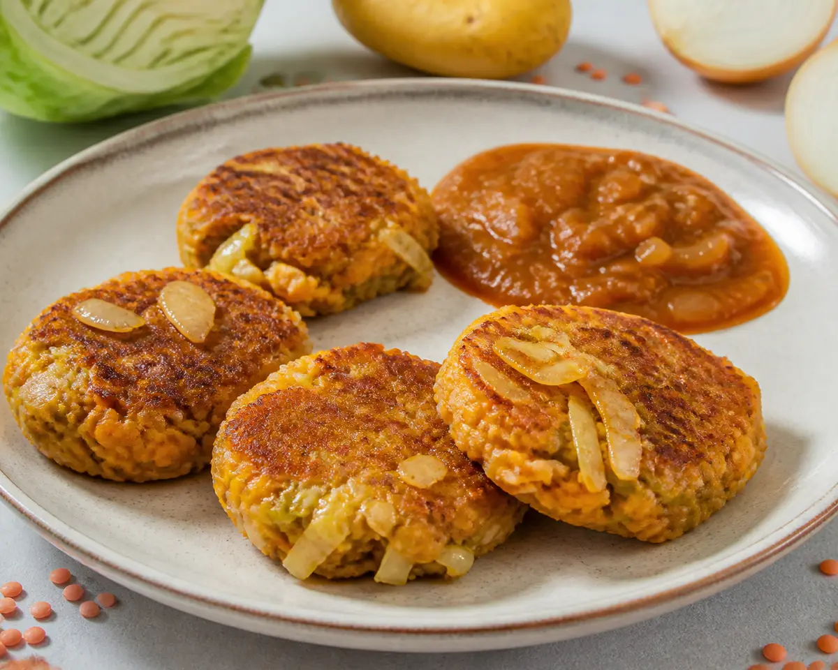 Tortitas Económicas de Lenteja Roja, Papa y Repollo con Salsa Tibia de Cebolla y Pimentón