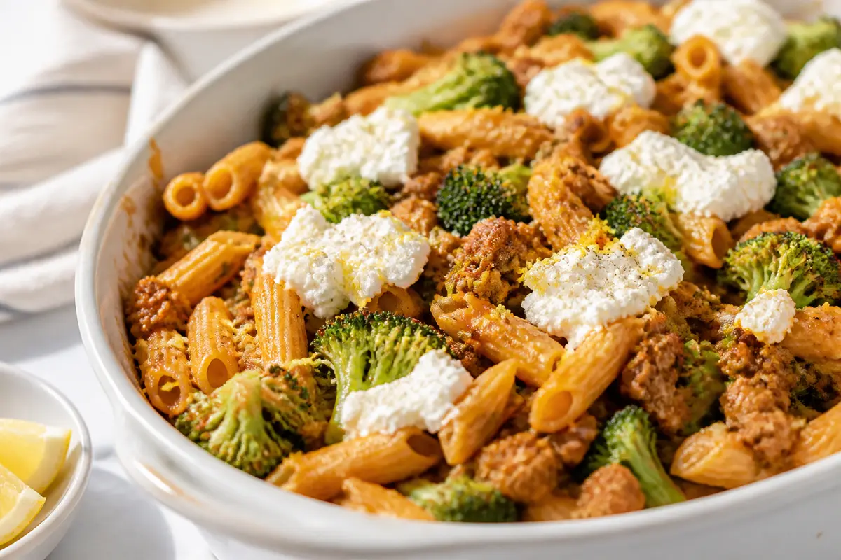 Pastel Familiar de Pasta Corta con Pavo al Tomate, Brócoli Asado y Tapa Cremosa de Ricotta al Limón