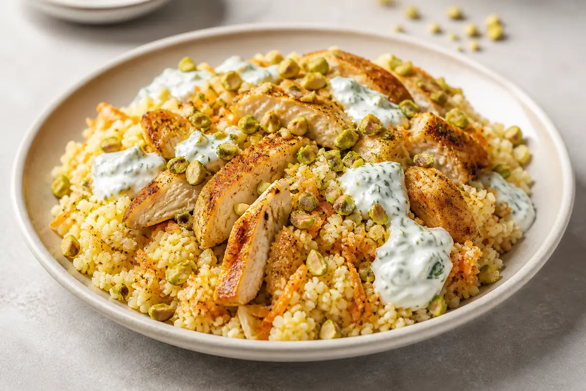 Express spiced carrot couscous with golden chicken, herbed yogurt and pistachios