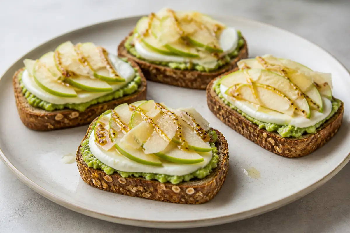 Tostaditas exprés de crema de guisantes con manzana verde, cheddar curado y mostaza dulce