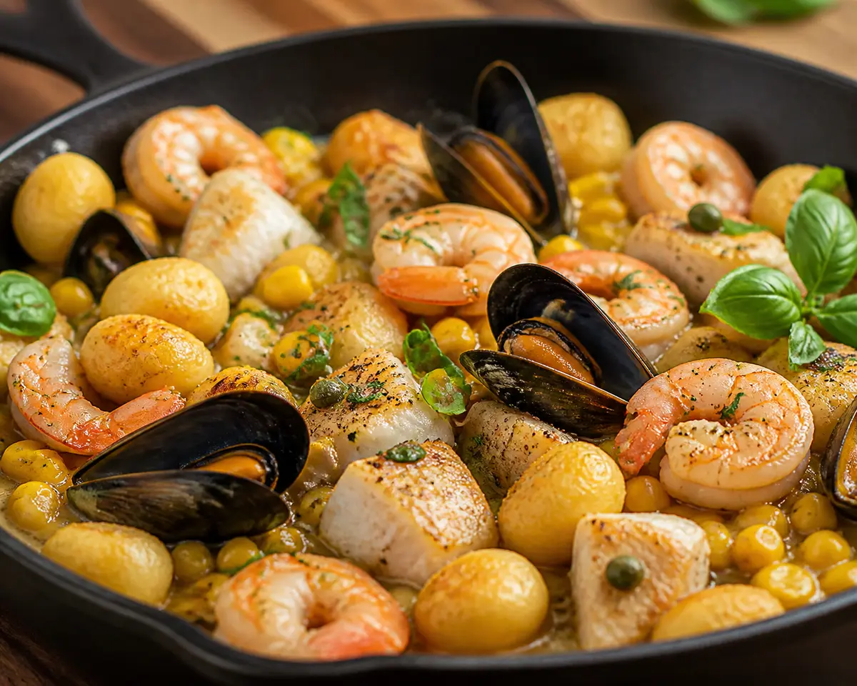 Sartén de Mar y Gnocchi Crujiente con Mantequilla de Alcaparras, Maíz Dulce y Albahaca