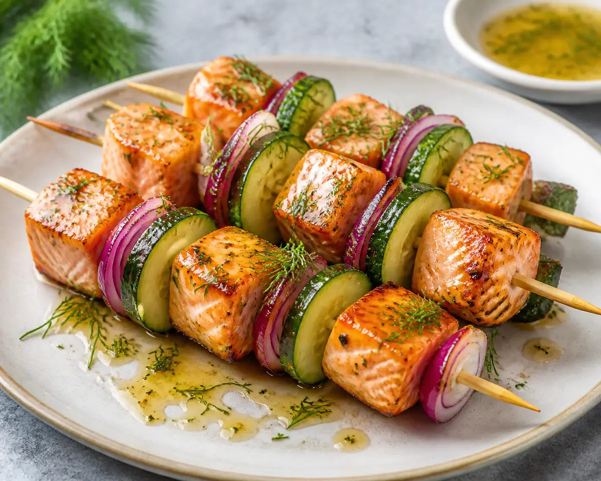 Grilled Salmon Skewers with Cucumber, Red Onion, and Honey-Dill Lemon Glaze