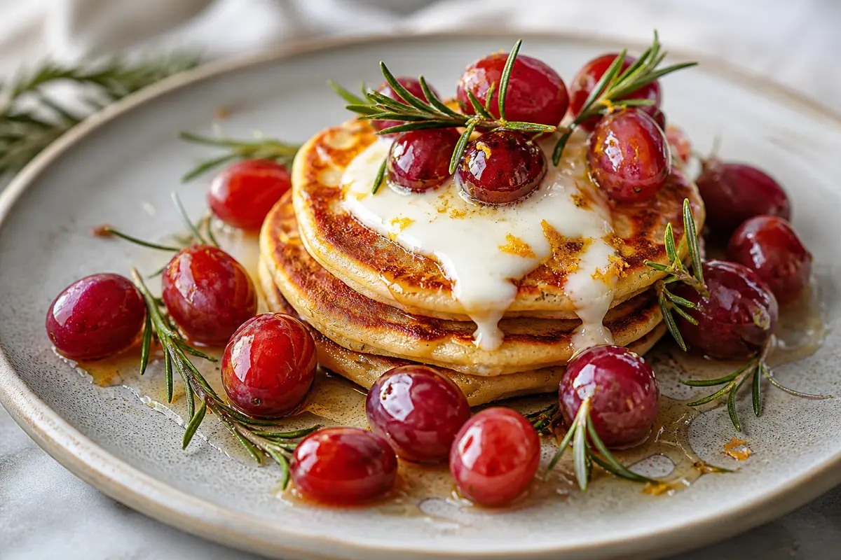 Tortitas tibias de almendra y naranja con uvas asadas al romero y crema ligera de miel