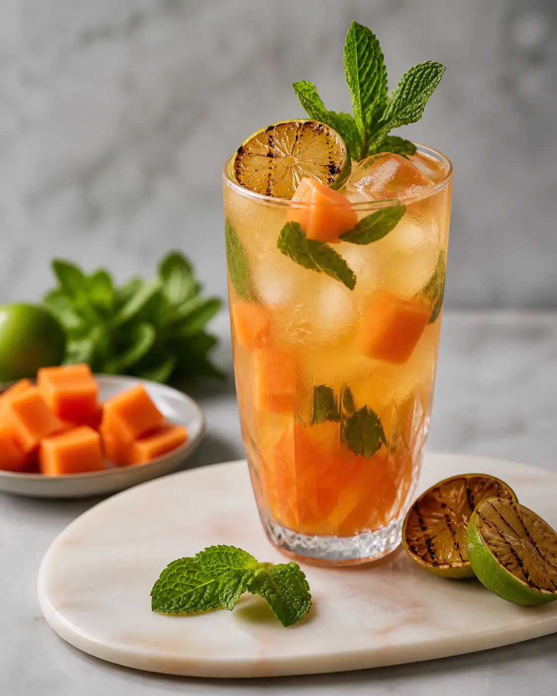 Iced Papaya, Charred Lime and White Tea Cooler with Fresh Mint