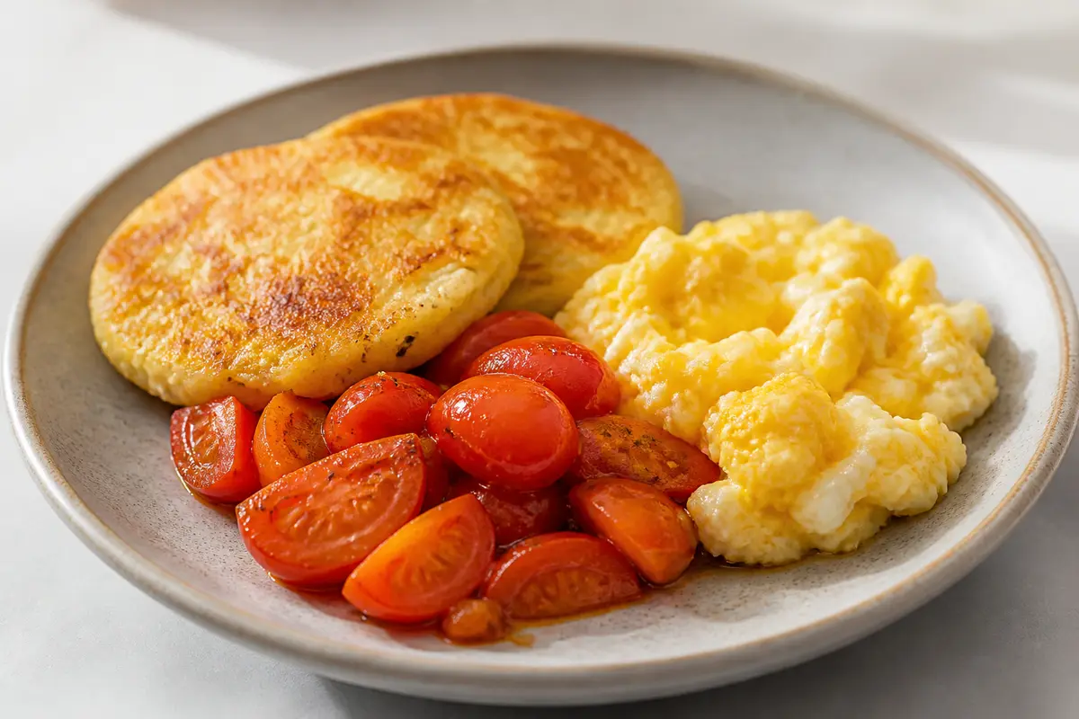 Arepas Crujientes de Avena y Queso con Tomates Tibios al Comino y Huevos Revueltos Cremosos