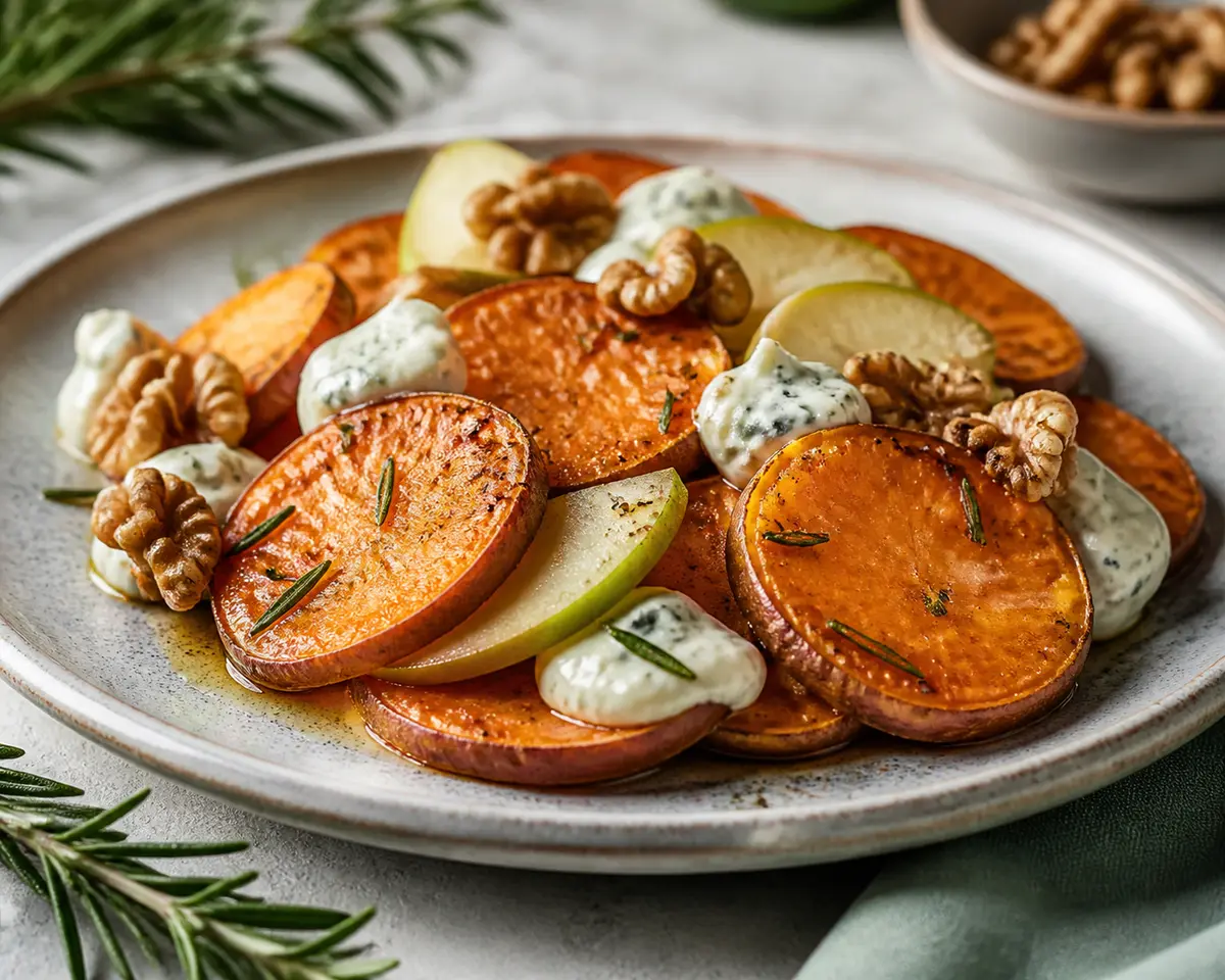 Chips de batata al romero con crema de queso azul, manzana verde y nuez especiada