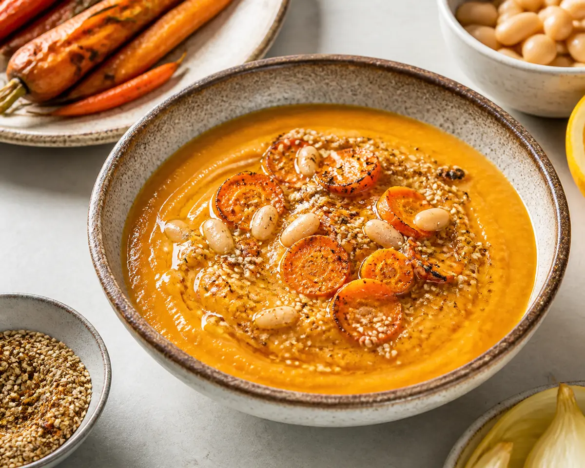 Sopa cremosa de zanahoria asada, alubias blancas y naranja con dukkah de sésamo y comino