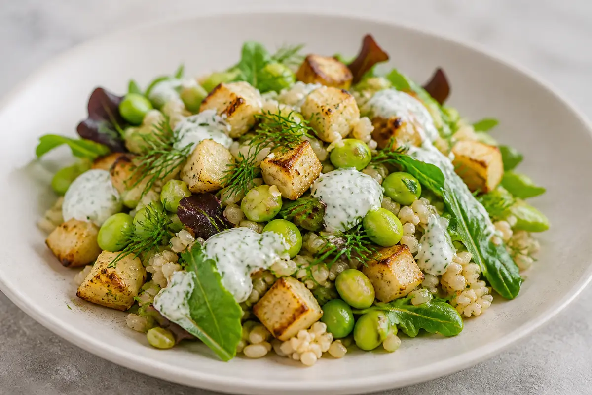 Ensalada tibia de arroz integral crujiente con colinabo asado, edamame salteado y crema de yogur al eneldo