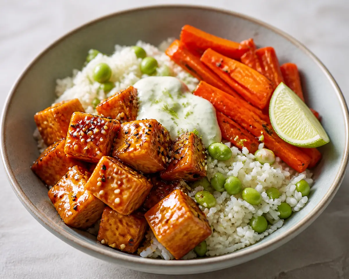 Bowl tibio de tofu glaseado con naranja y sésamo, arroz de edamame y zanahorias asadas con yogur de lima