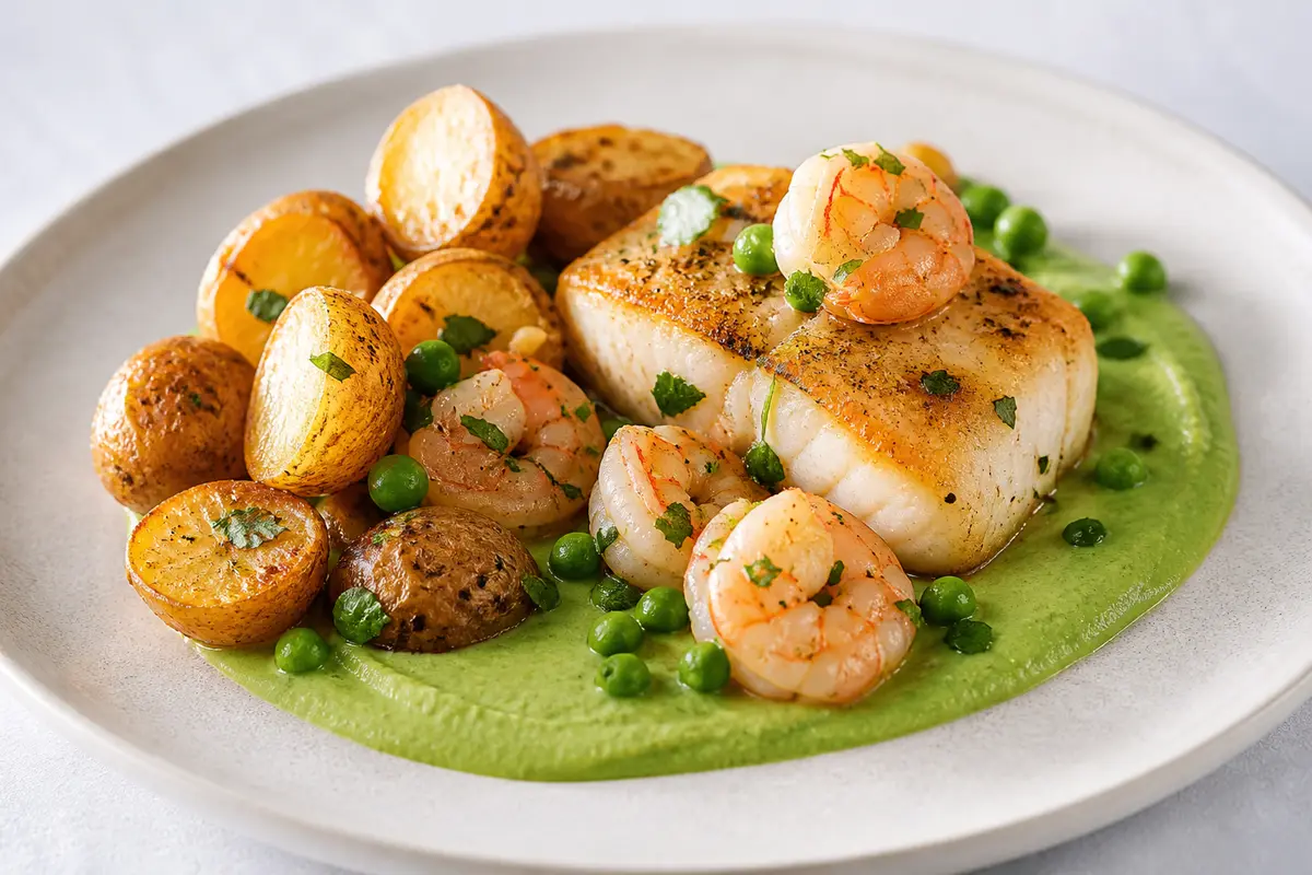 Golden Cod with Shrimp, Minted Pea Cream and Crispy Lemon Potatoes