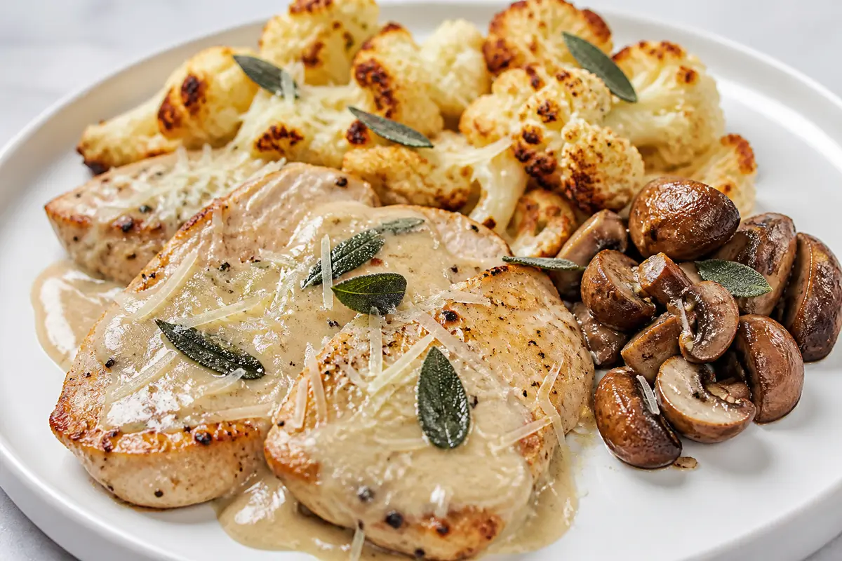 Keto Turkey Breast in Asiago Sage Sauce with Roasted Cauliflower and Garlic Mushrooms