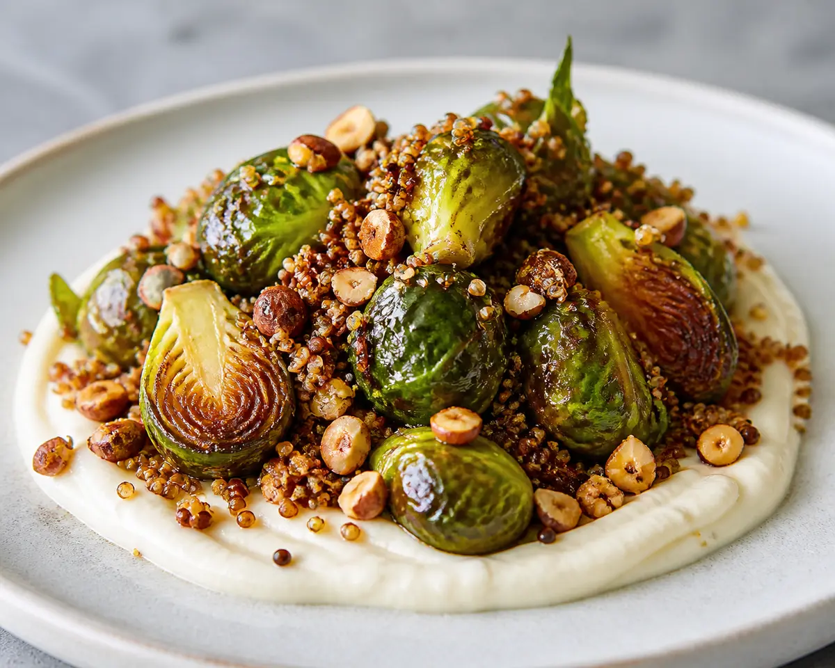 Orange-Miso Glazed Brussels Sprouts over Parsnip Cream with Crispy Quinoa and Hazelnuts