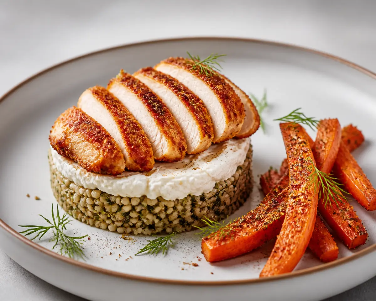Crispy Chicken and Quark Stack with Herbed Millet and Za’atar Carrots