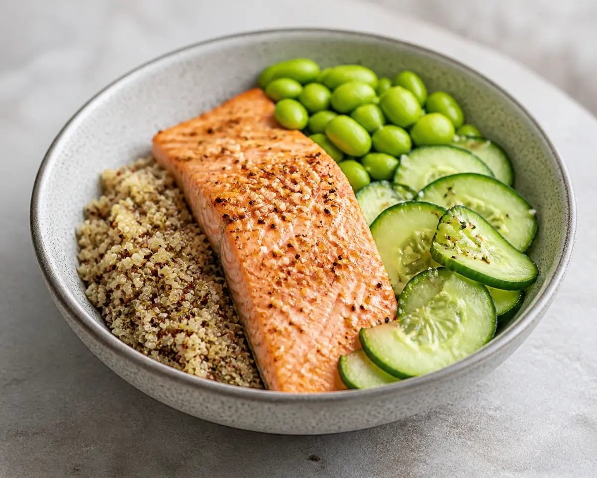 Quick crispy quinoa bowl with mild miso salmon, edamame and sesame cucumber