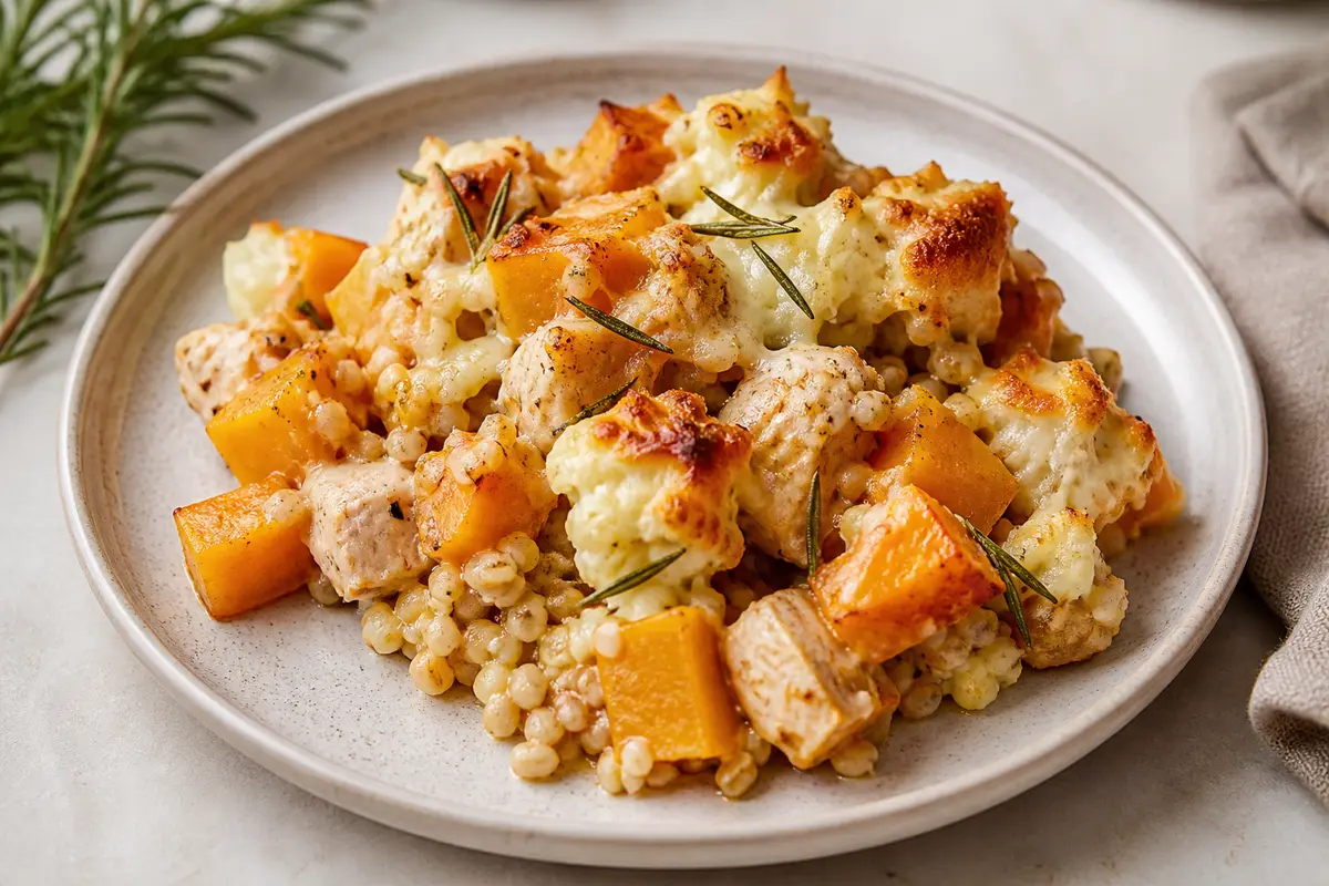 Pastel Familiar de Cebada con Pollo al Romero, Calabaza Asada y Tapa Cremosa de Coliflor y Cheddar