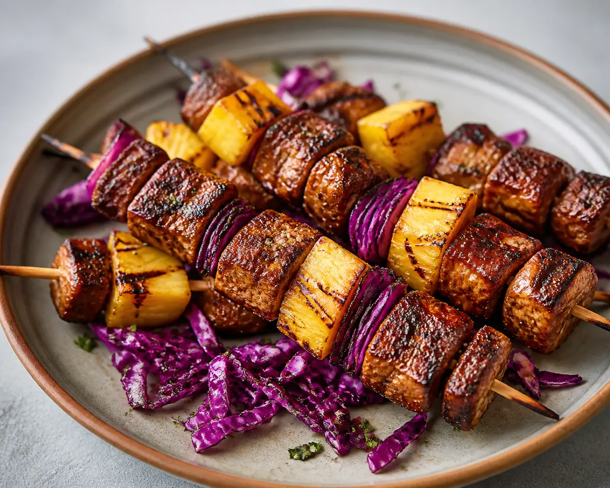 Grilled Beef Skewers with Red Cabbage, Charred Pineapple and Coffee-Ancho Lime Marinade