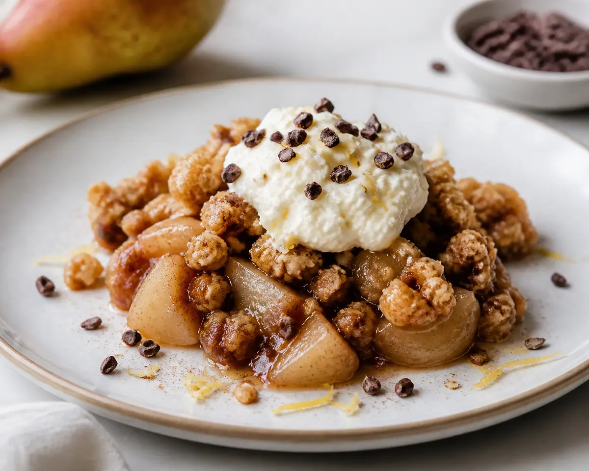 Warm spiced pear crumble with lemon ricotta cream and cocoa nibs