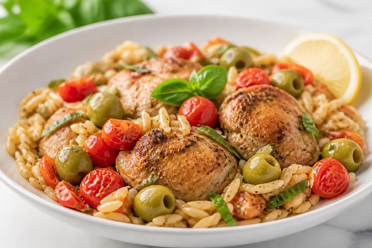 Instant Pot de pollo con aceitunas, tomate cherry, orzo integral y albahaca de limón